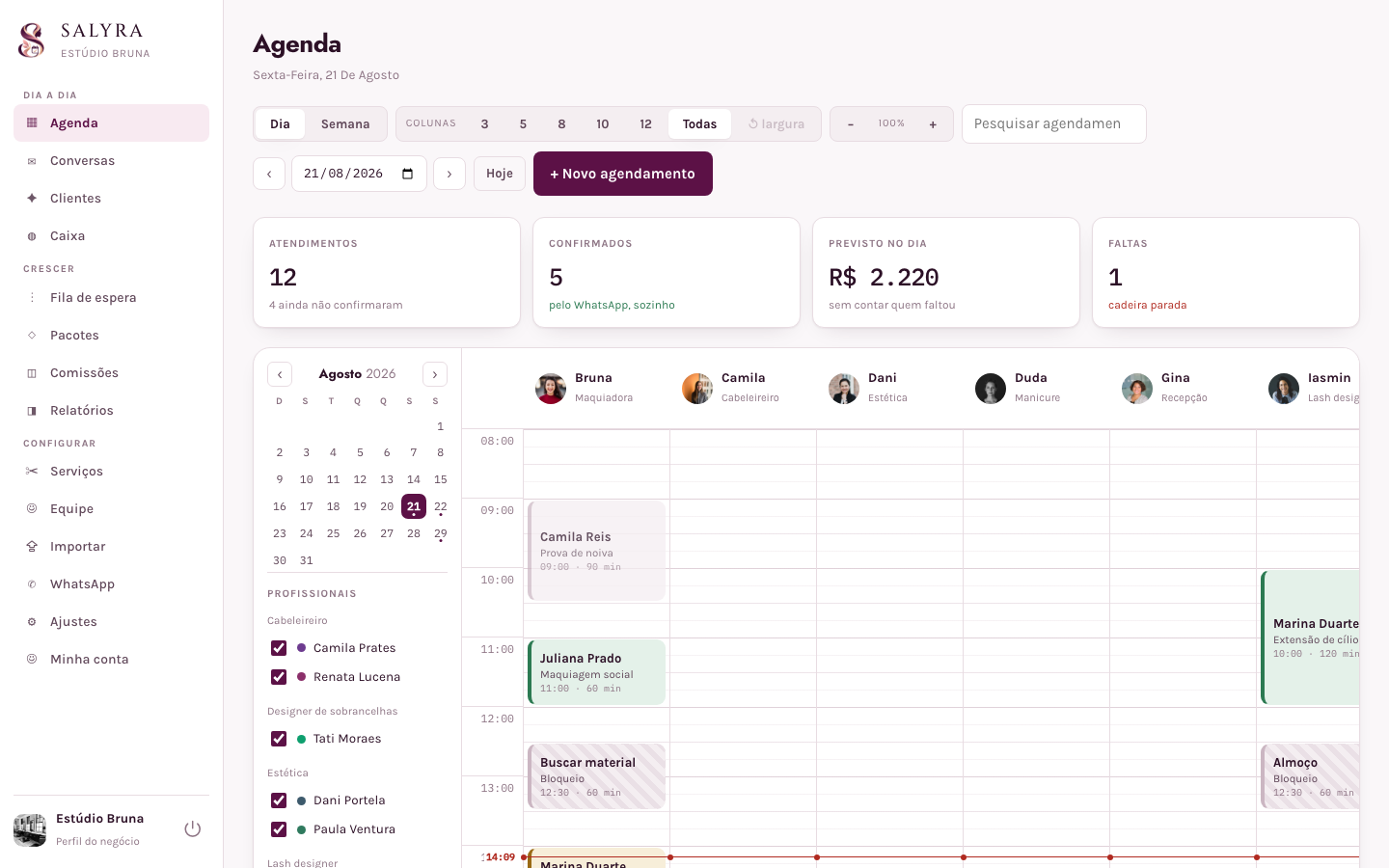 Agenda com colunas por profissional