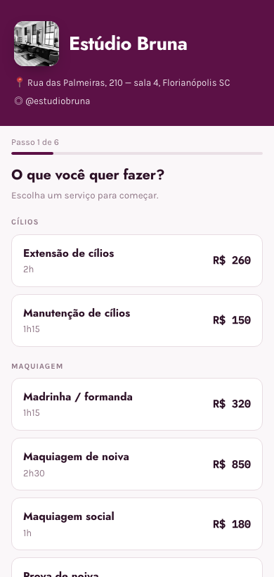 Página de agendamento no celular